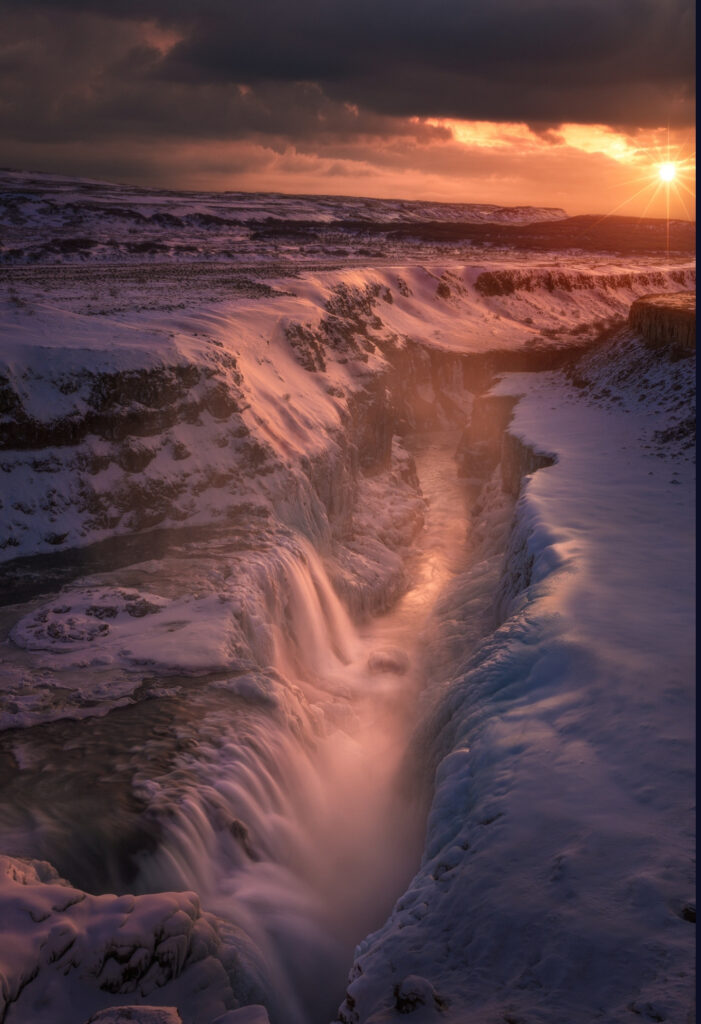 Aerial waterfall sunrise