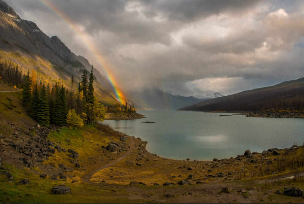Rainbow over Medicine lake, Canada