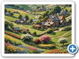 NIght;Cafe_A charming countryside scene with rolling hills, quaint cottages, and fields of blooming flowers.